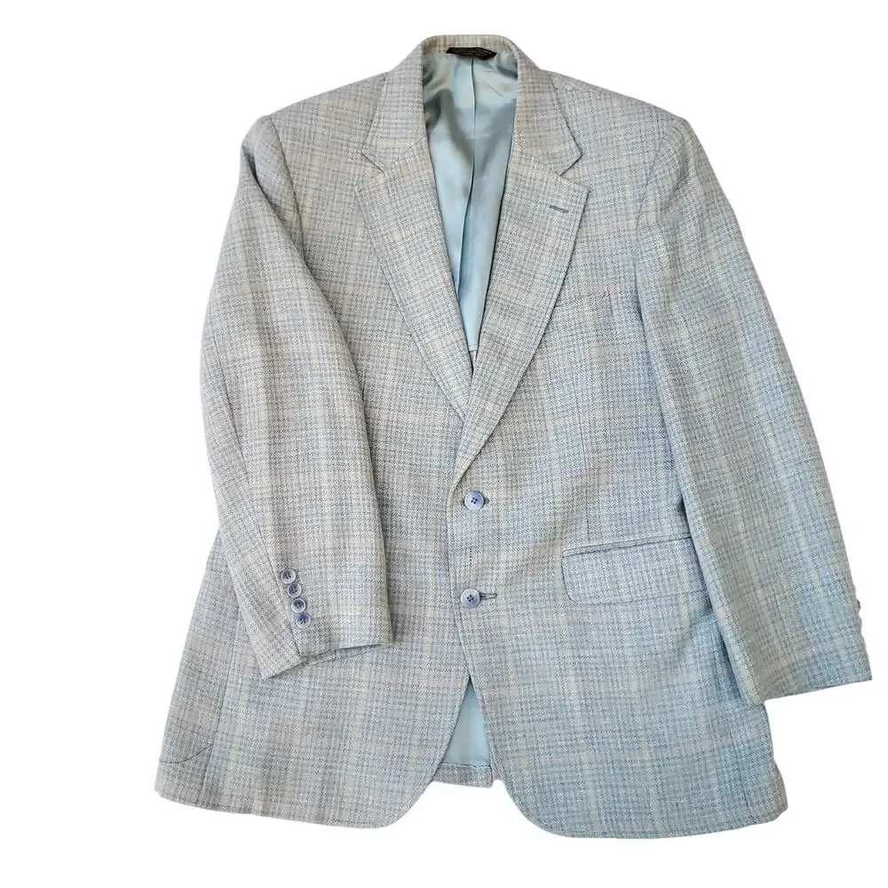 VTG Stafford Ivy Prep Blue Tweed Wool Plaid Check Sport Coat Blazer Jacket 42R